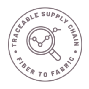 Logo for traceable supply chain from fiber to fabric with a magnifying glass icon.