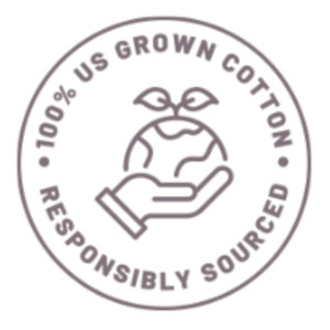 Circular logo with text '100% US Grown Cotton Responsibly Sourced' featuring a hand holding a cotton plant.