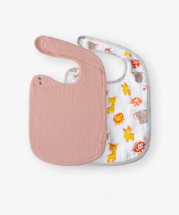 Feeding Bib Duo: Gentle Safari and Solid Peach