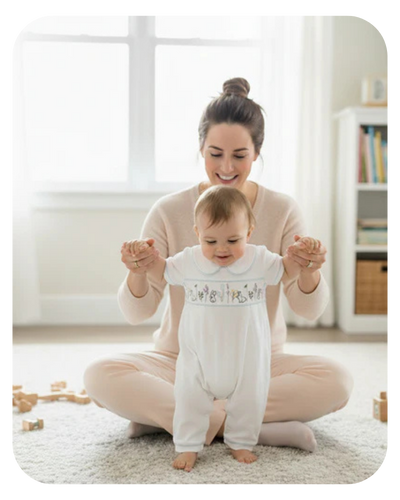 Woman sitting on the floor with a baby wearing a white outfit in a bright room.