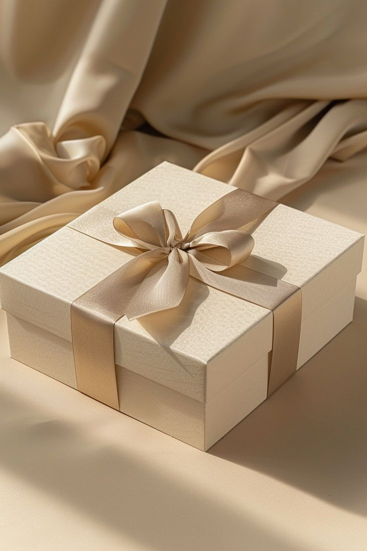 Beige gift box with a ribbon on a matching fabric background