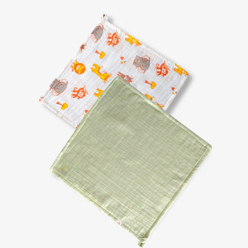 CloudGauze Washcloth Duo, Gentle Safari & Solid Green- 9" x 9"